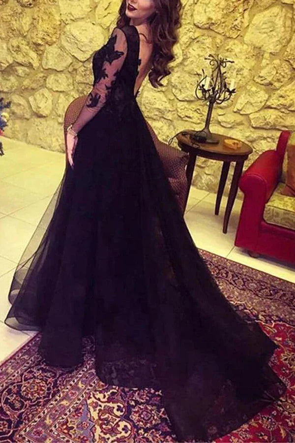Glamoroso vestido formal de encaje negro de manga larga, vestido de fiesta, vestido de noche con abertura
